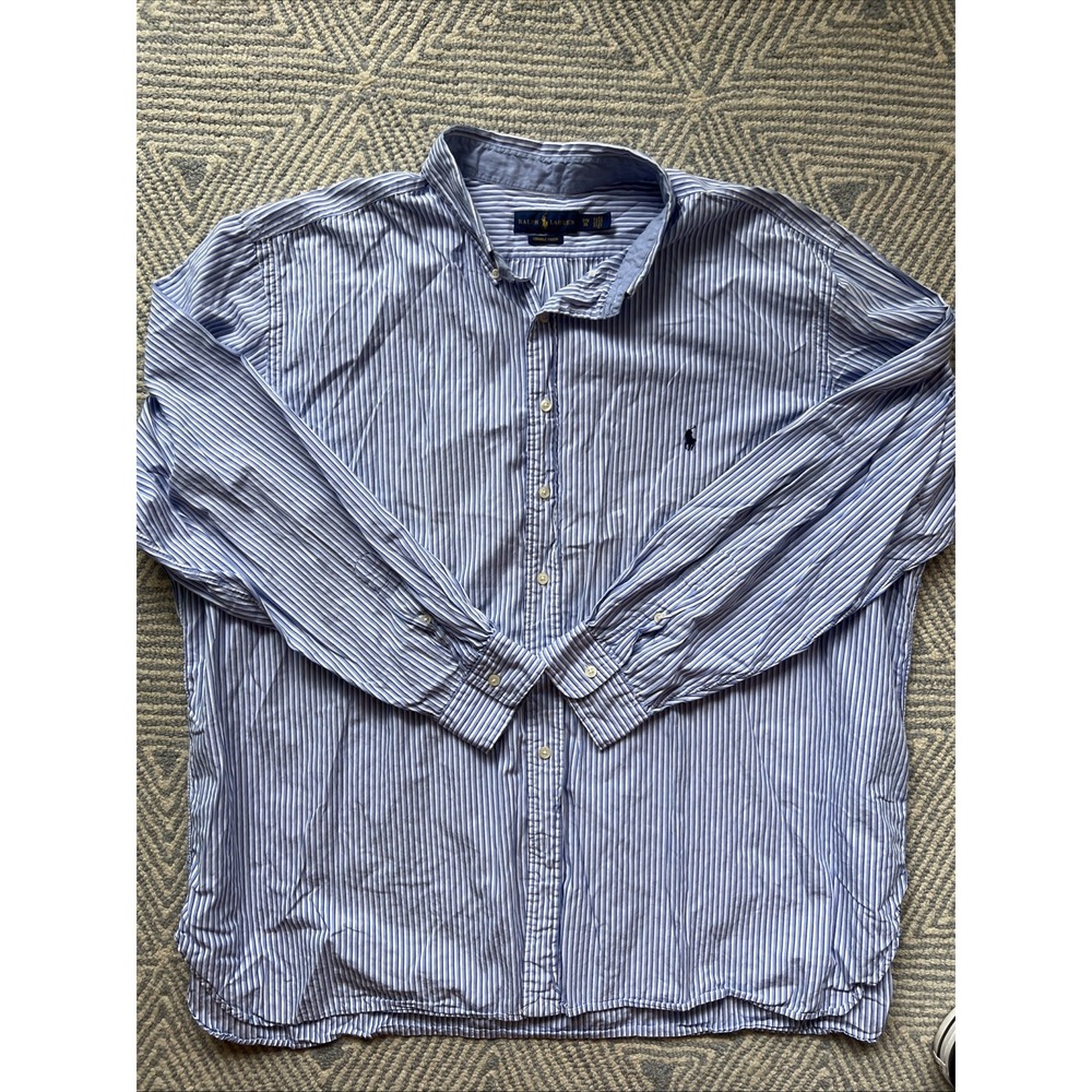 Ralph Lauren Long Sleeve Crinkle Finish Button Shirt - Blue/White - 3XB‎